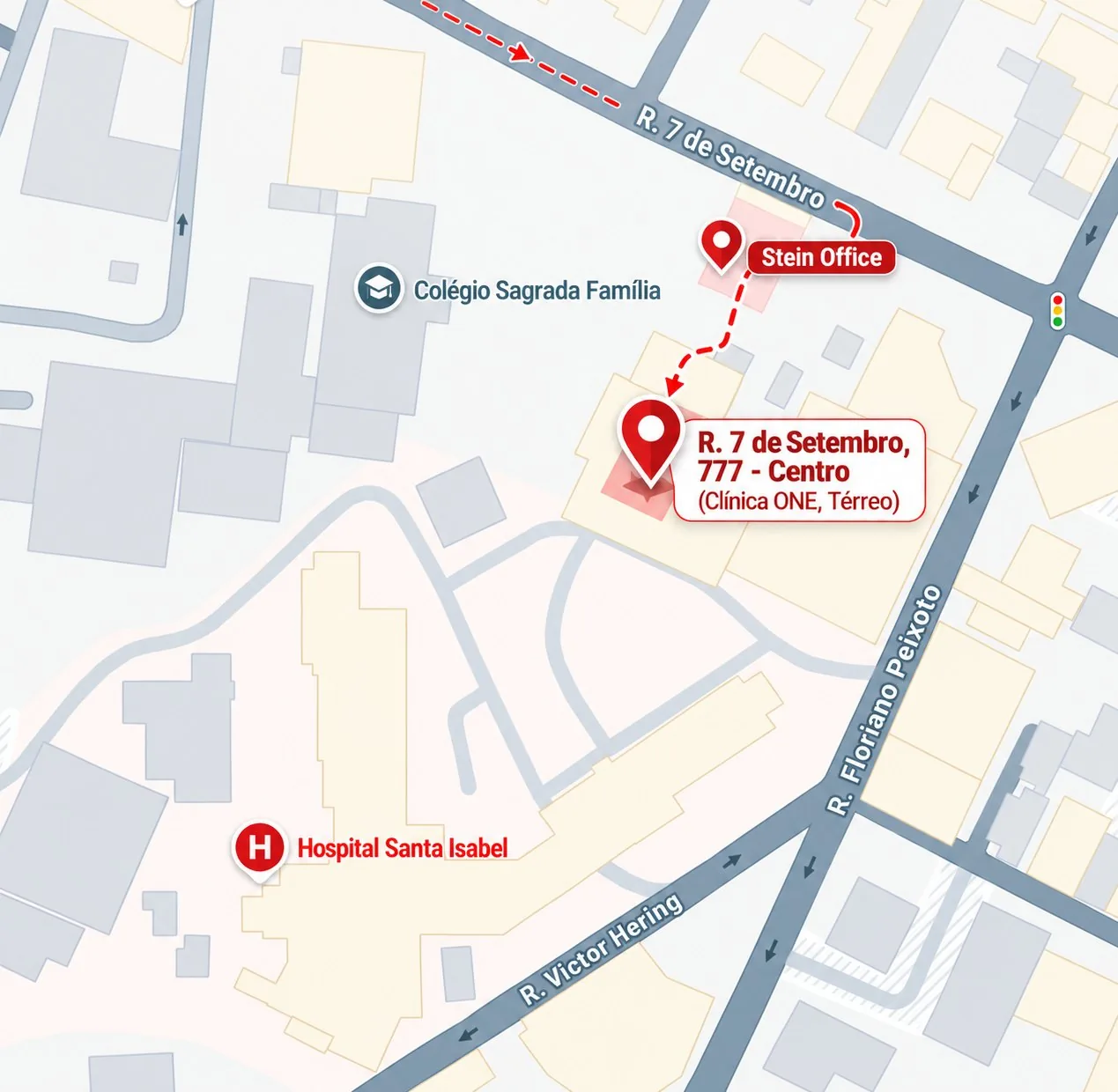 Mapa do Centro de Blumenau com o consultório na Rua 7 de Setembro, 777, no Stein Office, ao lado do Colégio Sagrada Família e perto do Hospital Santa Isabel